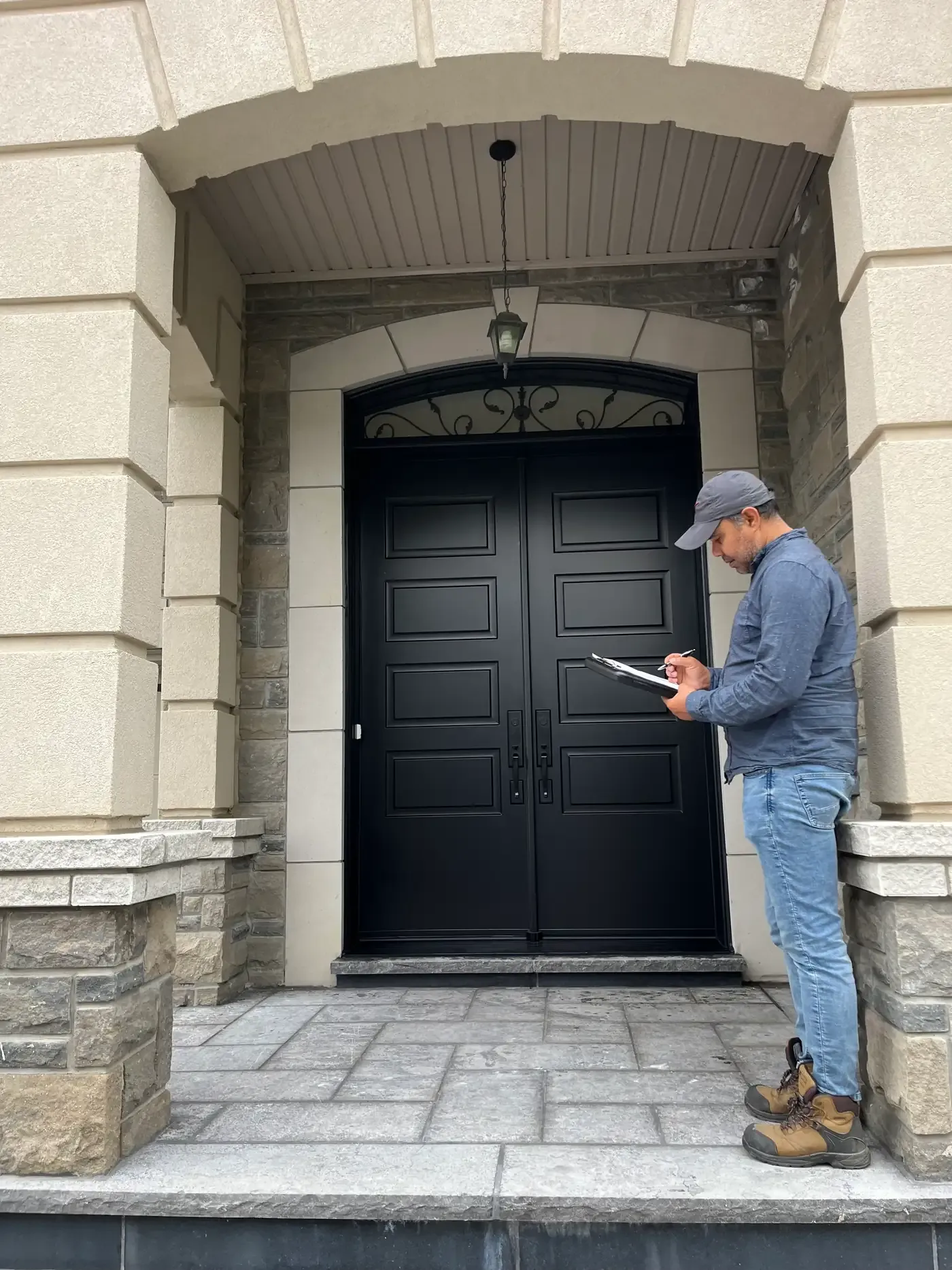 Technician inspecting matte black double entry doors on a stone porch in Bradford